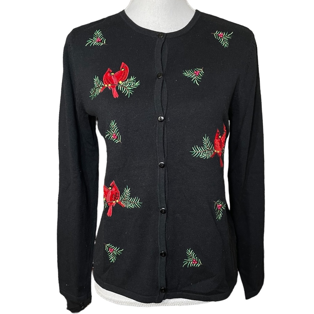 Cardinal Sequin Beaded Sweater S Cardigan Christmas Bird Cotton Embroidered